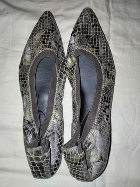 Isola Snake-Print Pointed Ballet Flats in Gray and Olive